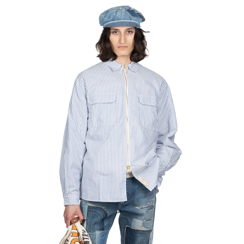 Kapital Drizzler Work Shirt Women's 3 Blue/White Ox Stripe Long Sleeve Zip Front - Picture 3 of 12